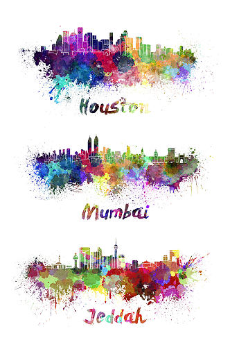 水彩水墨著名城市剪影海报素材PNG元素