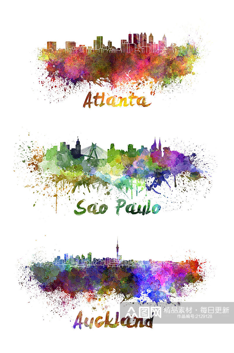 水彩水墨著名城市剪影海报素材PNG元素素材