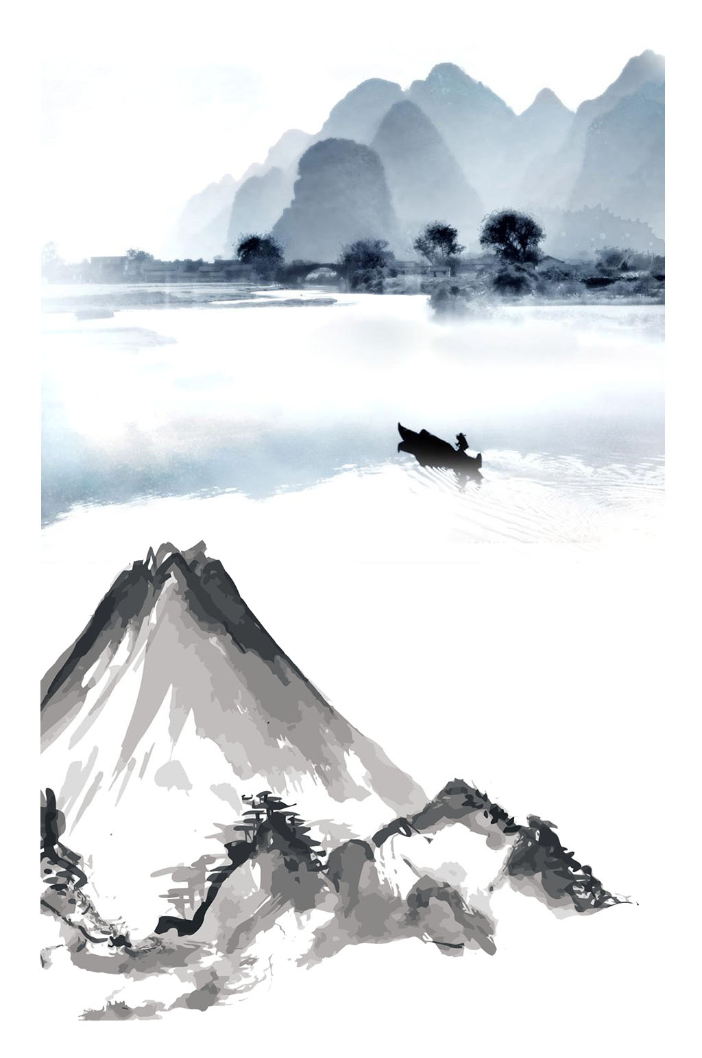 中国风水墨山水画海报素材PNG元素素材
