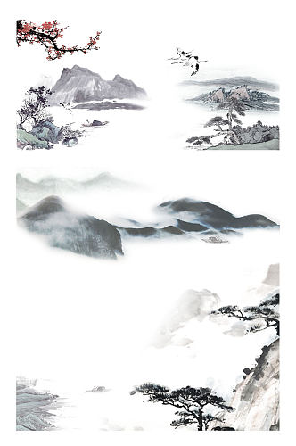 中国风水墨山水画海报素材PNG元素