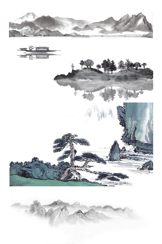 中国风水墨山水石头画海报素材PNG元素