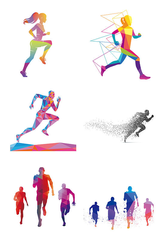 创意跑步运动员炫彩剪影运动水彩跑步剪影 健身设计元素