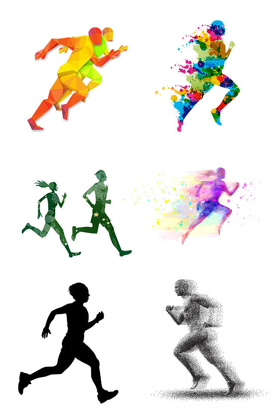 创意跑步运动员炫彩剪影运动水彩跑步剪影元素