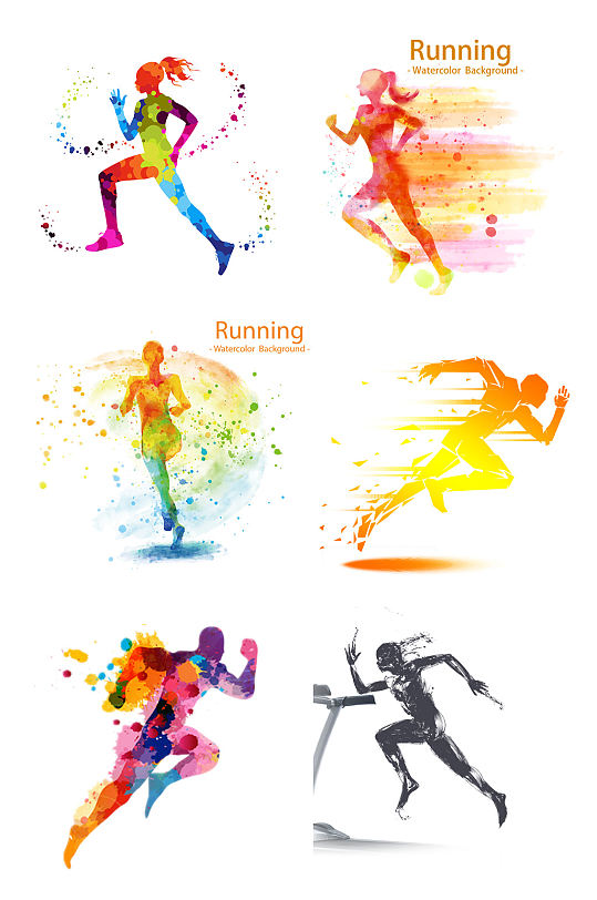 创意跑步运动员炫彩剪影水彩跑步剪影运动元素