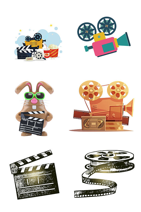 电影节手绘卡通放映机胶卷素材png元素