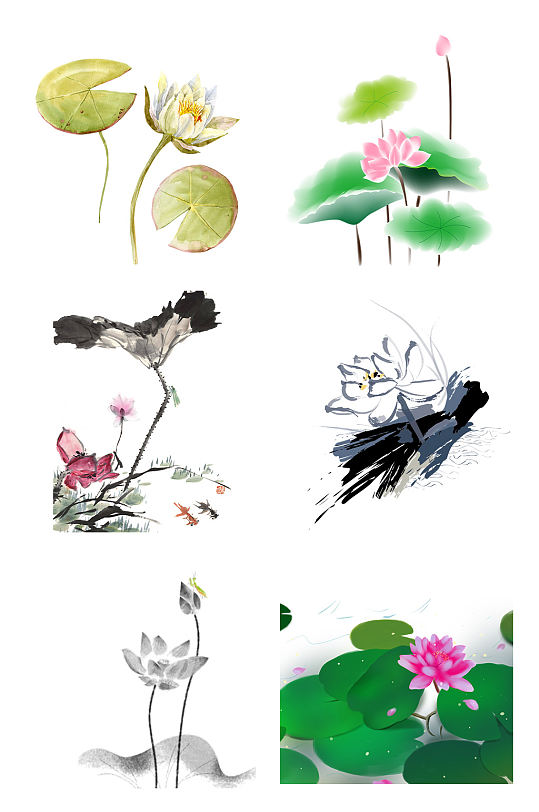 中国风手绘水墨夏日粉色荷花荷叶夏天元素