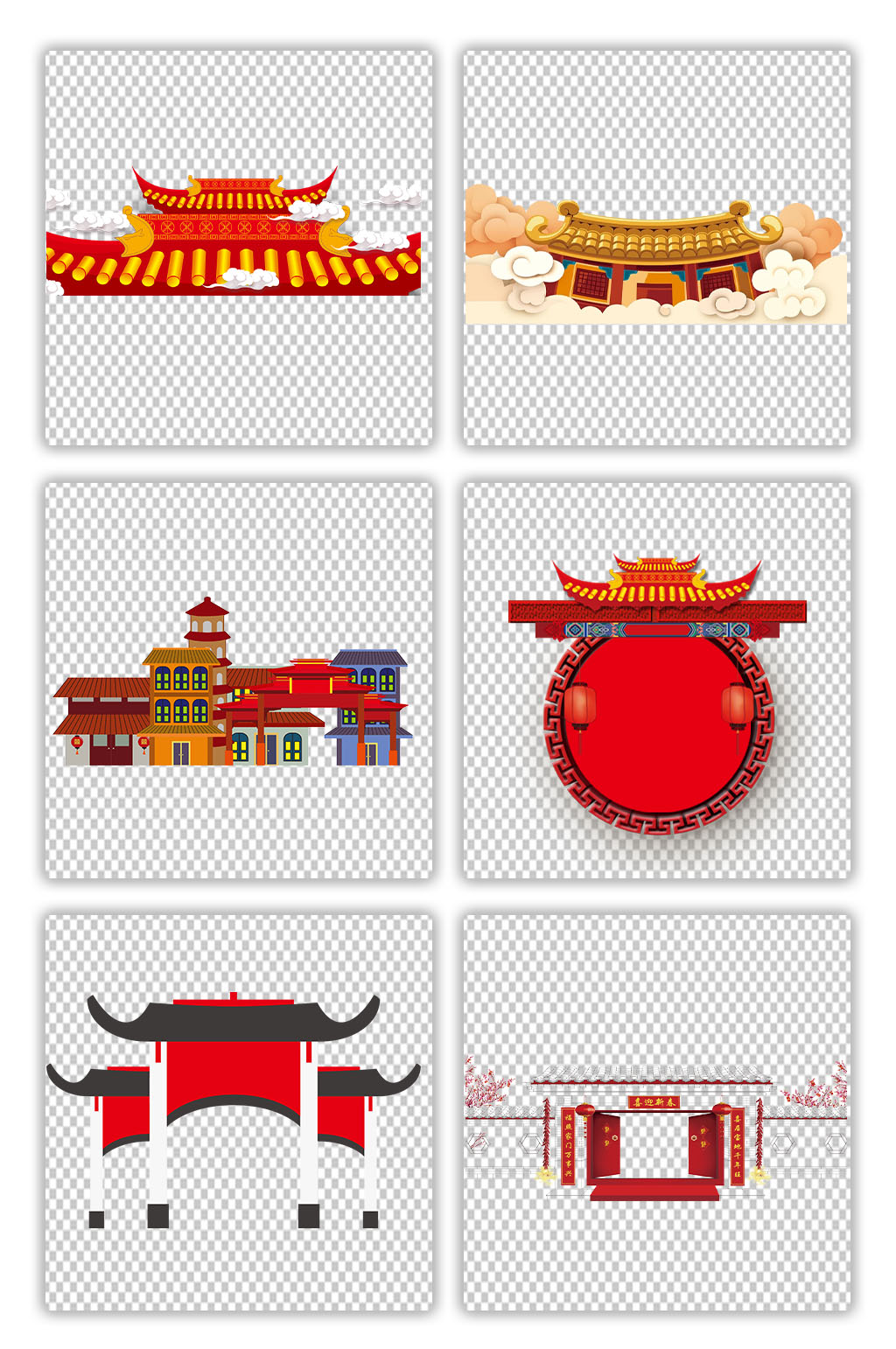 红色中国风古典房屋建筑素材素材