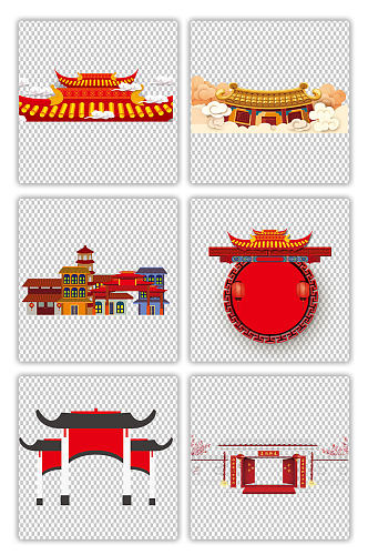 红色中国风古典房屋建筑素材
