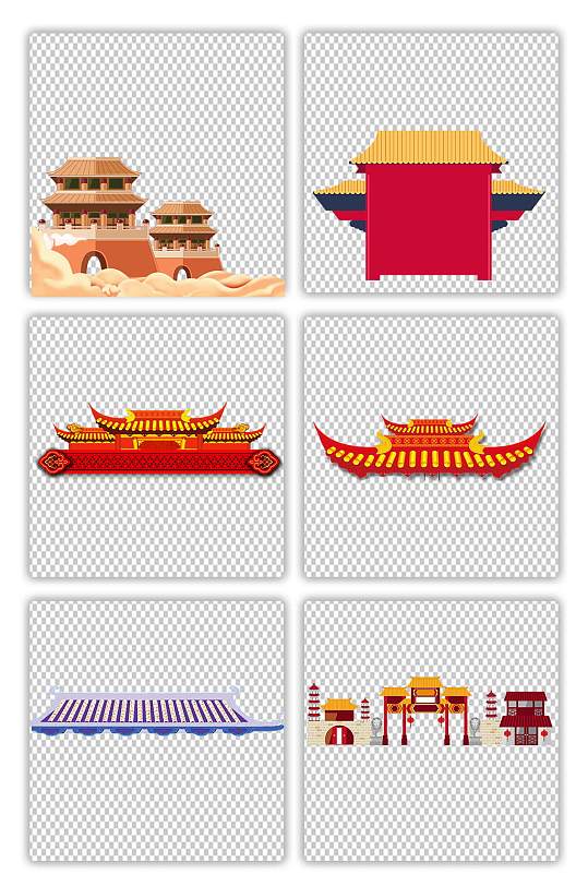 卡通红色中国风古典房屋建筑素材元素