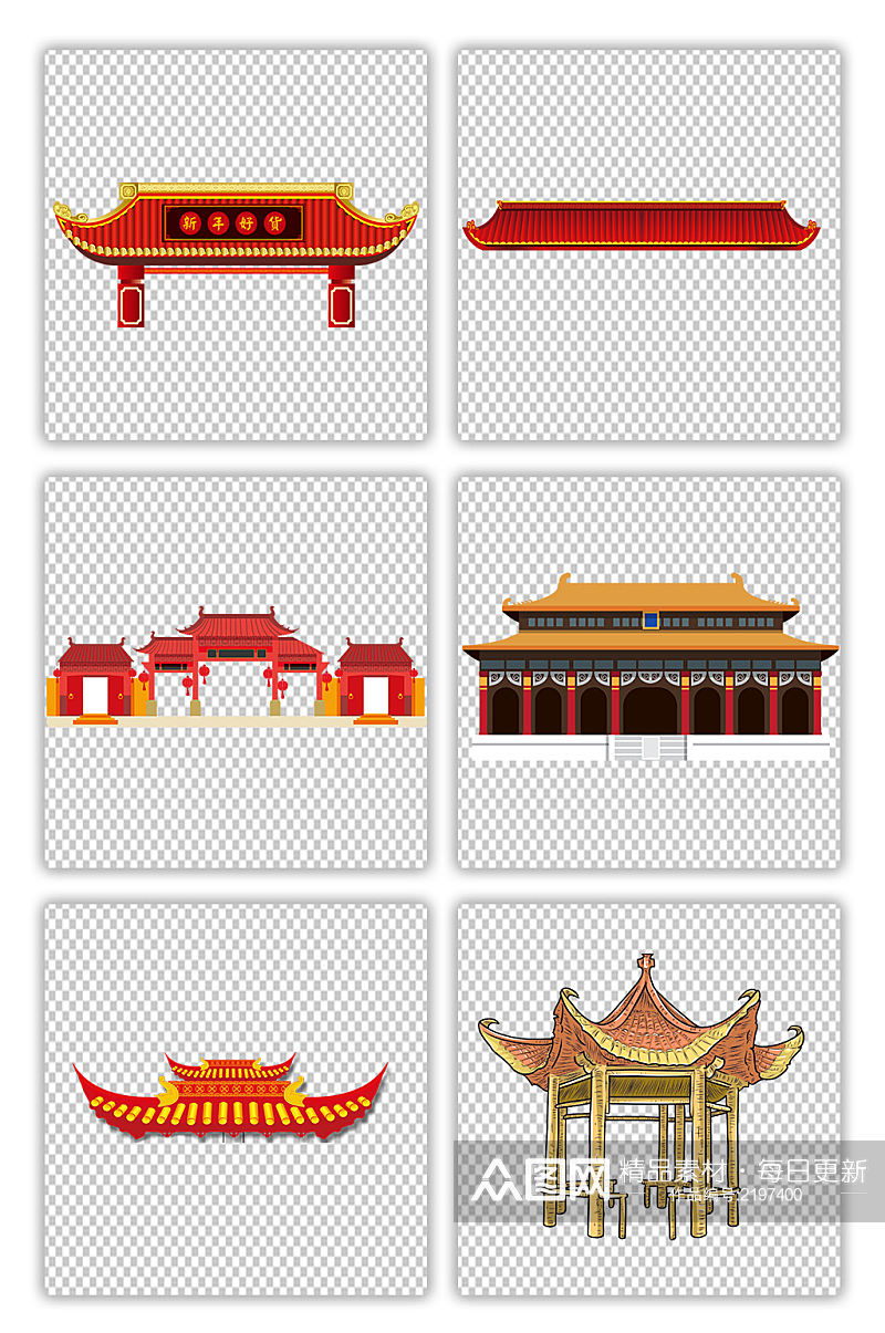 红色中国风古典房屋建筑素材元素素材