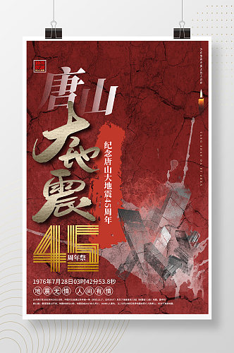 红色创意唐山大地震45周年公益海报