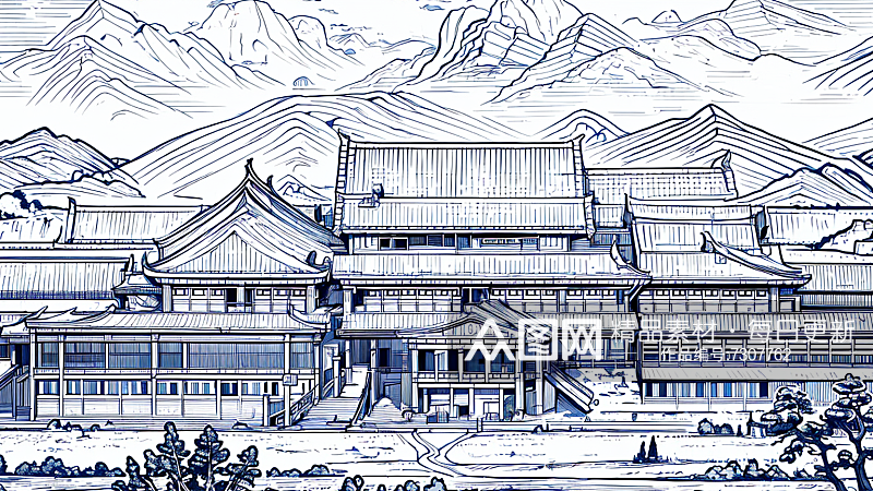 国潮古风建筑插画素材