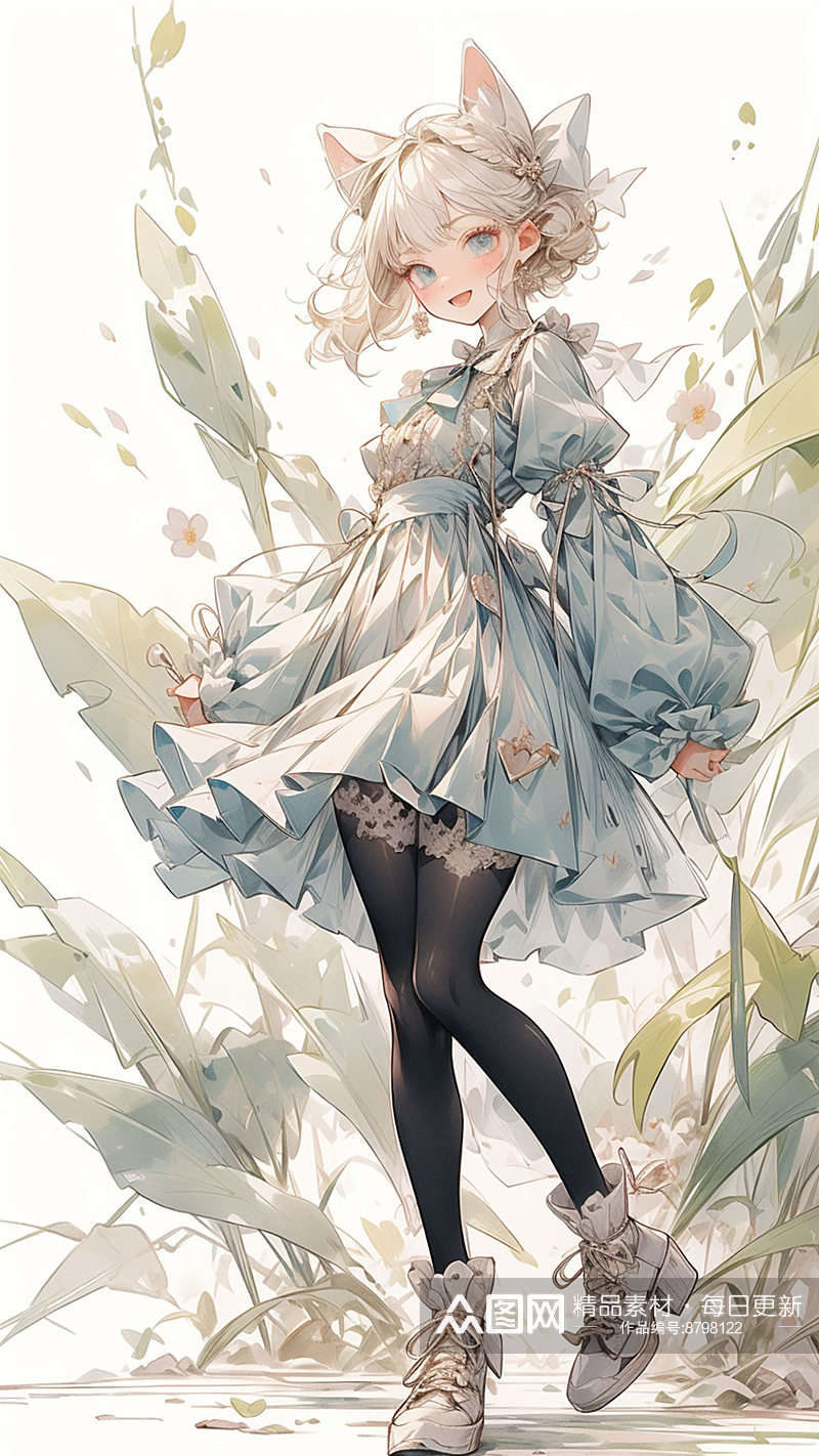 手绘少女花朵插画素材