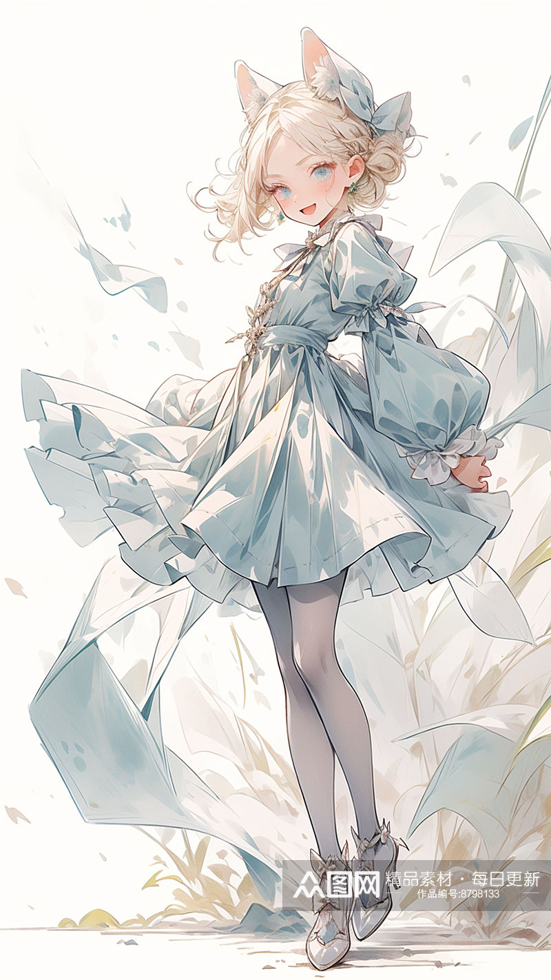 手绘少女花朵插画素材