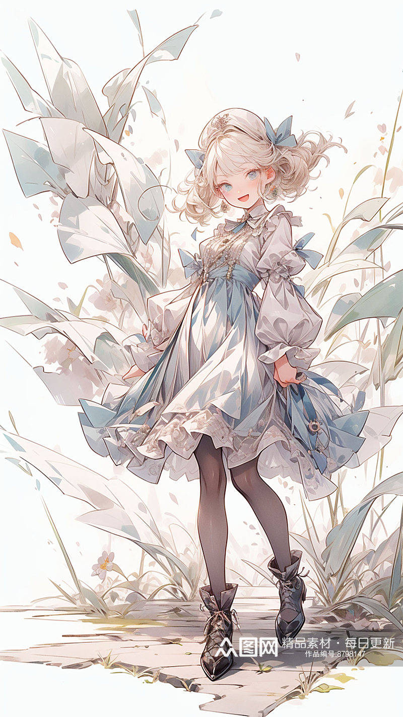 手绘少女花朵插画素材