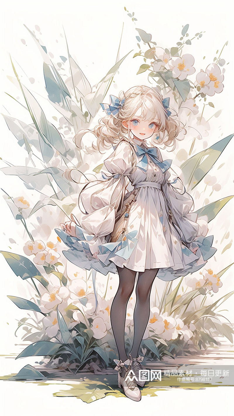 手绘少女花朵插画素材