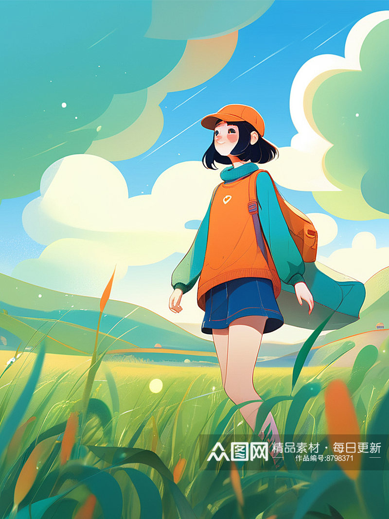 校园少女手绘插画素材