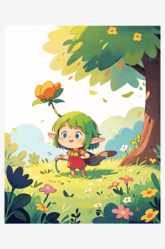 森林里奏乐浇花的少女