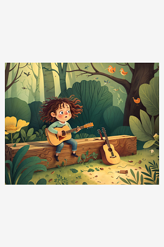 森林里奏乐浇花的少女
