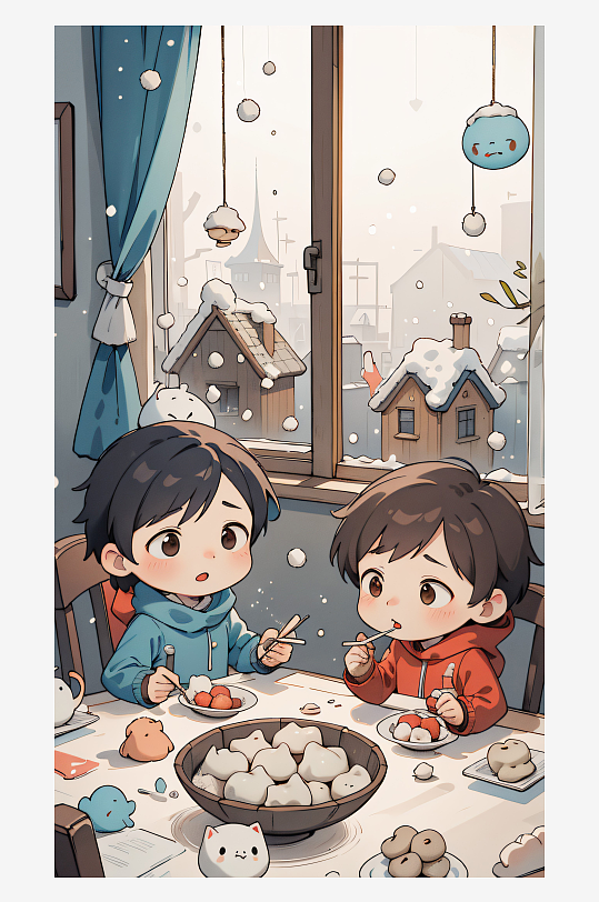 春节吃饺子的小男孩