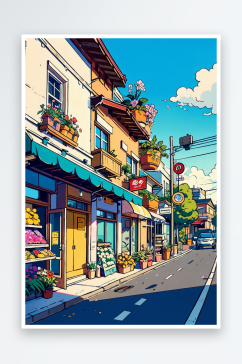 日系街道风景插画