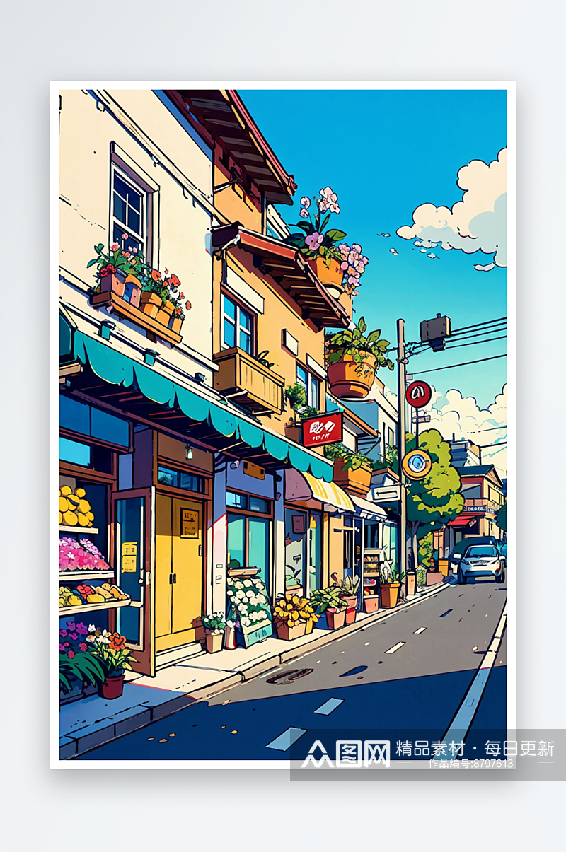 日系街道风景插画素材
