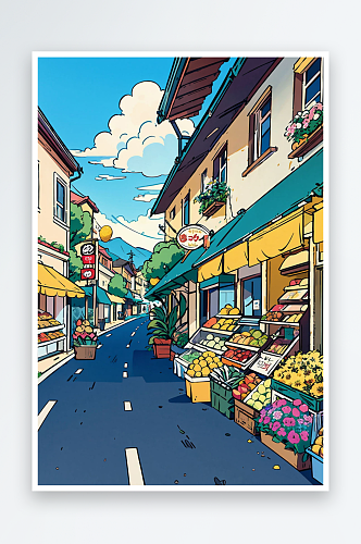 日系街道风景插画