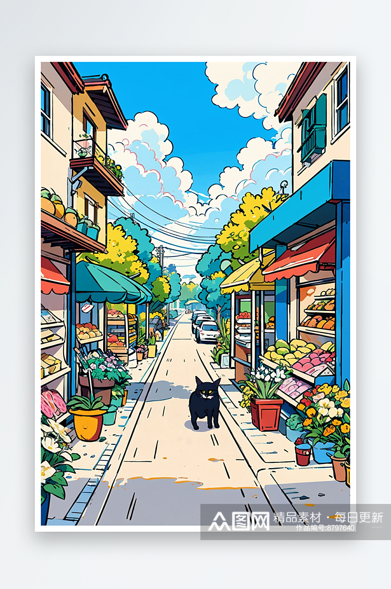 日系街道风景插画素材