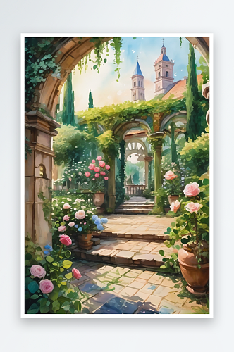 欧式花园手绘背景