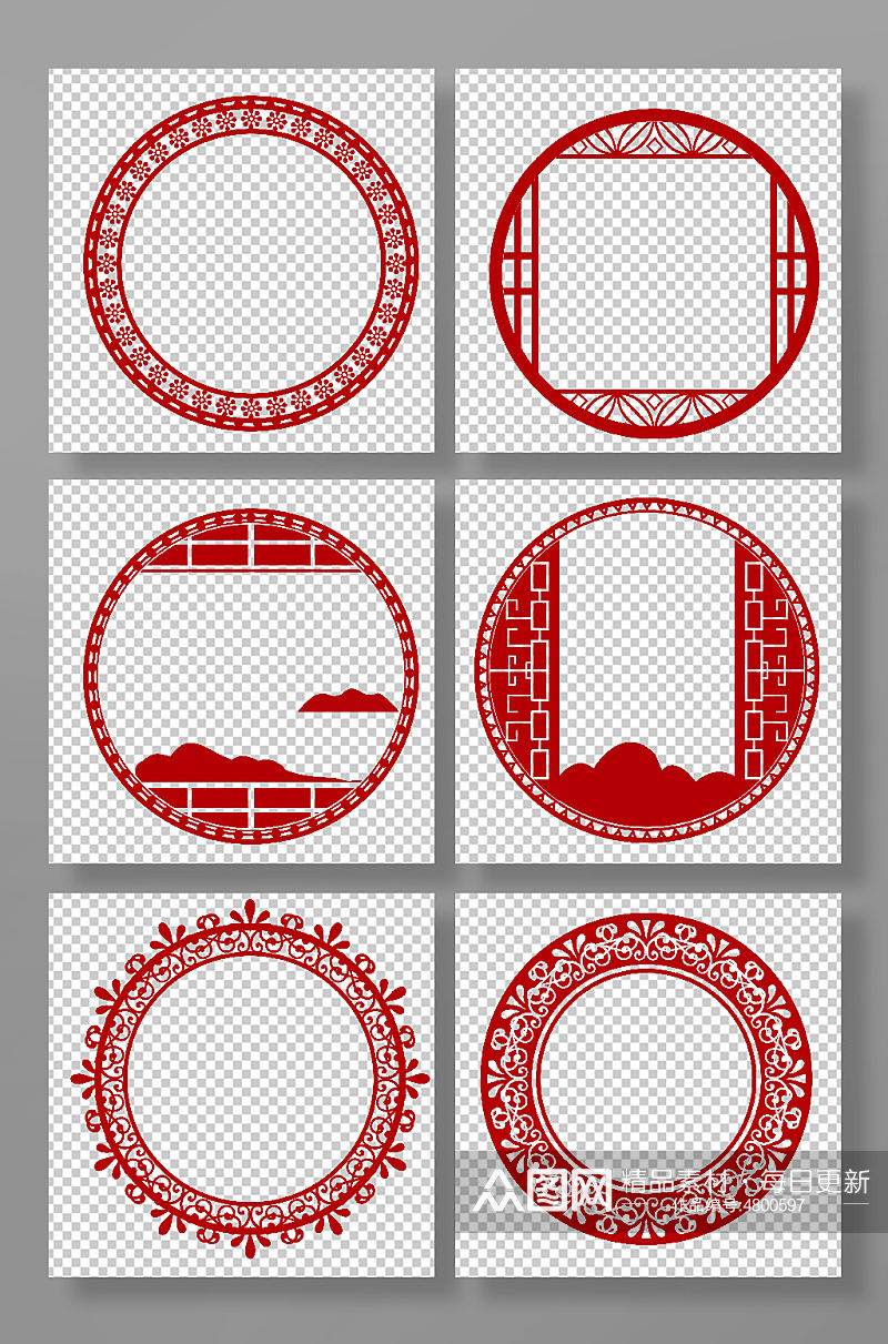 中国风红色圆形矢量窗花边框元素素材