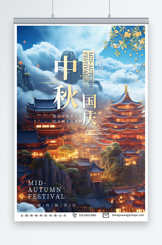 蓝色中秋国庆海报-众图网