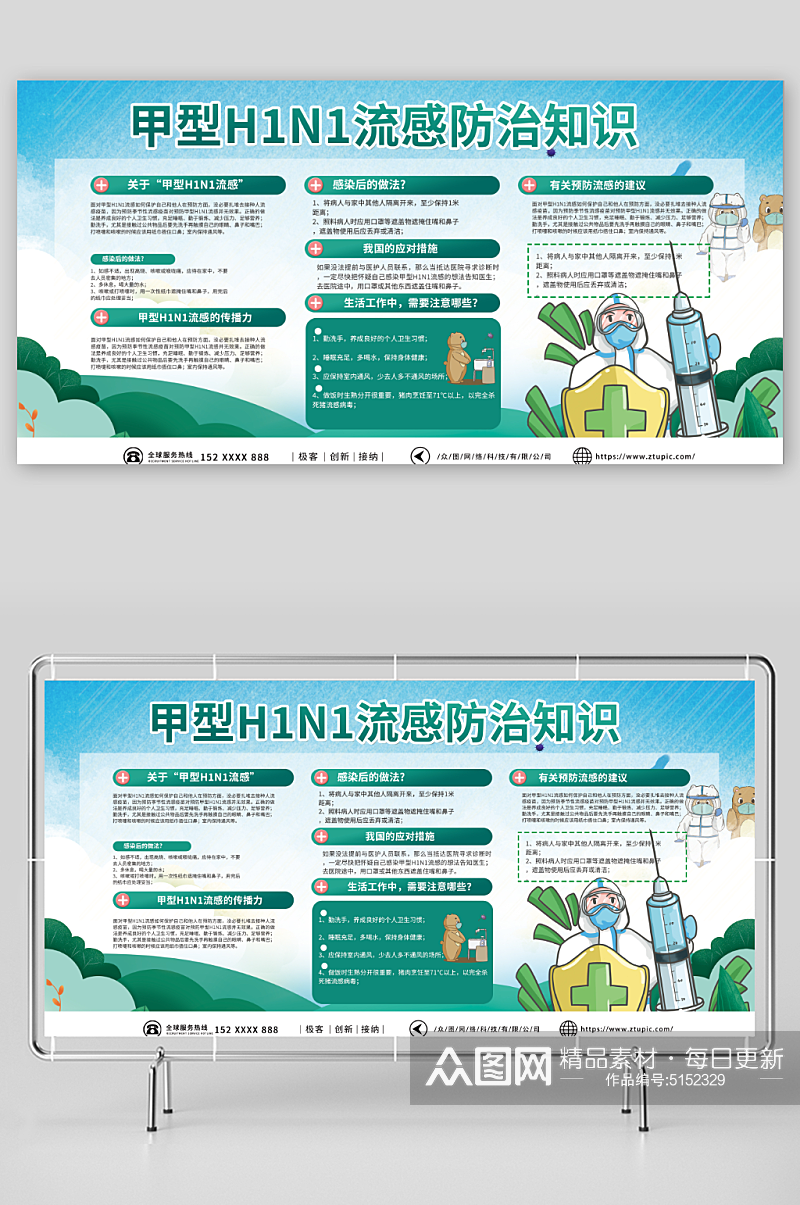 绿色甲型H1N1流感防治知识医疗展板素材