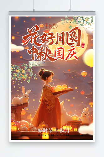 彩色中秋国庆月饼插画海报