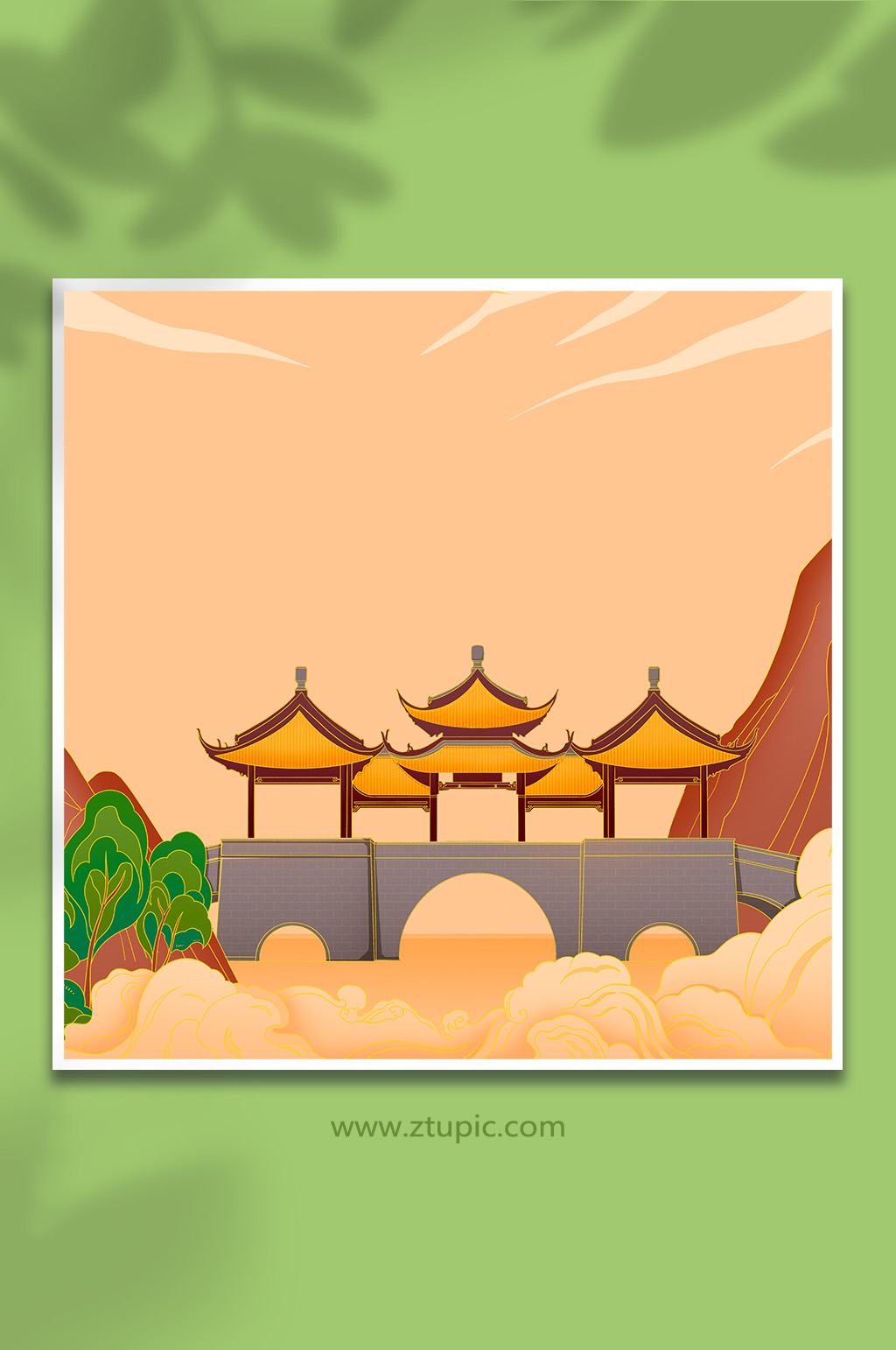 手绘扬州地标建筑五亭桥国潮插画素材