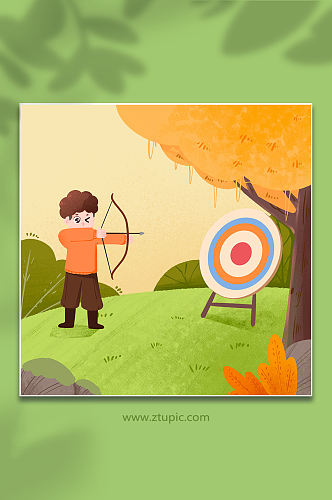 橙衣男孩射箭运动人物手绘插画