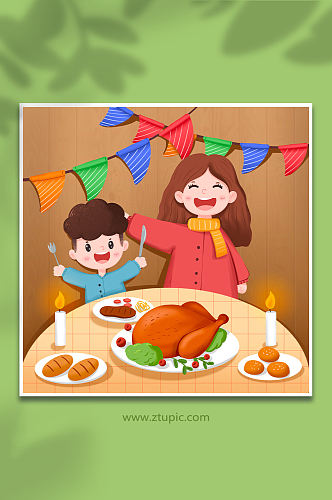 男孩与母亲一起吃感恩节烛光晚餐人物插画