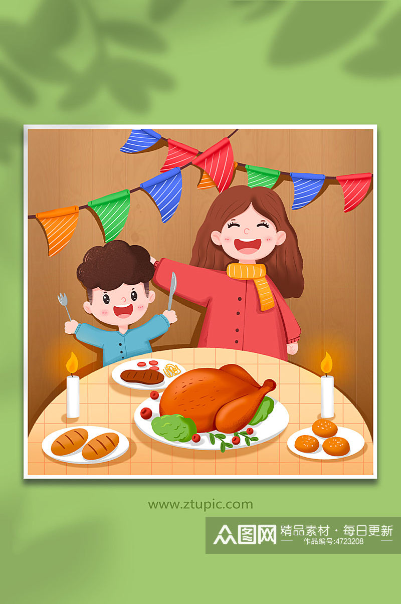 男孩与母亲一起吃感恩节烛光晚餐人物插画素材