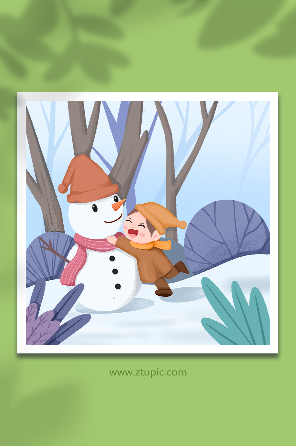 立冬节气小朋友在雪地拥抱雪人插画