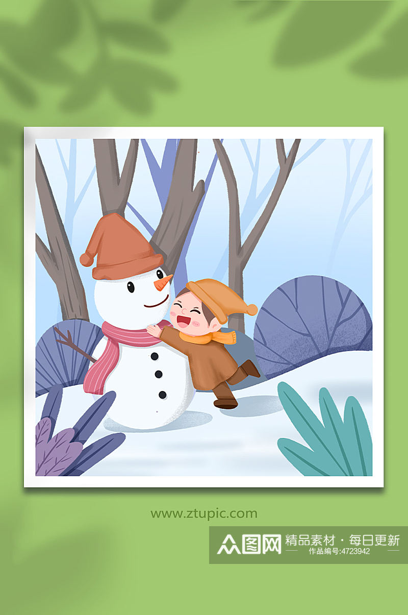 立冬节气小朋友在雪地拥抱雪人插画素材