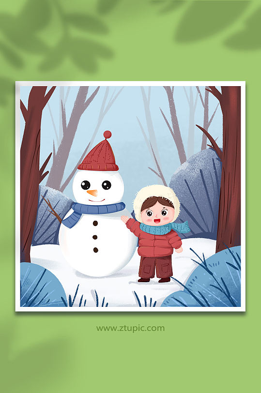 手绘立冬穿着厚衣服的小孩与雪人插画