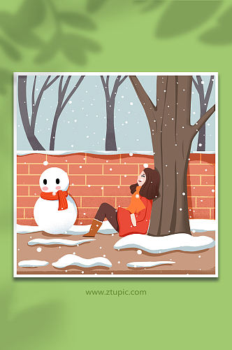 小雪节气下雪天休息的女孩插画