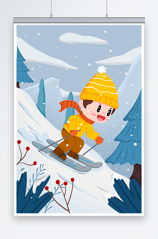男孩在高山速降滑雪人物插画