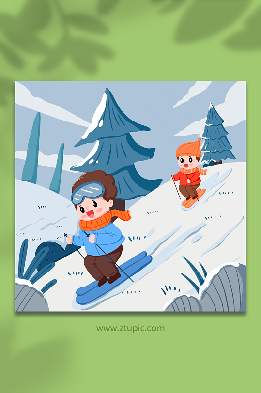 手绘冬季两个朋友在山上滑雪人物插画