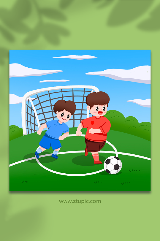 两个男孩在足球场踢球人物插画