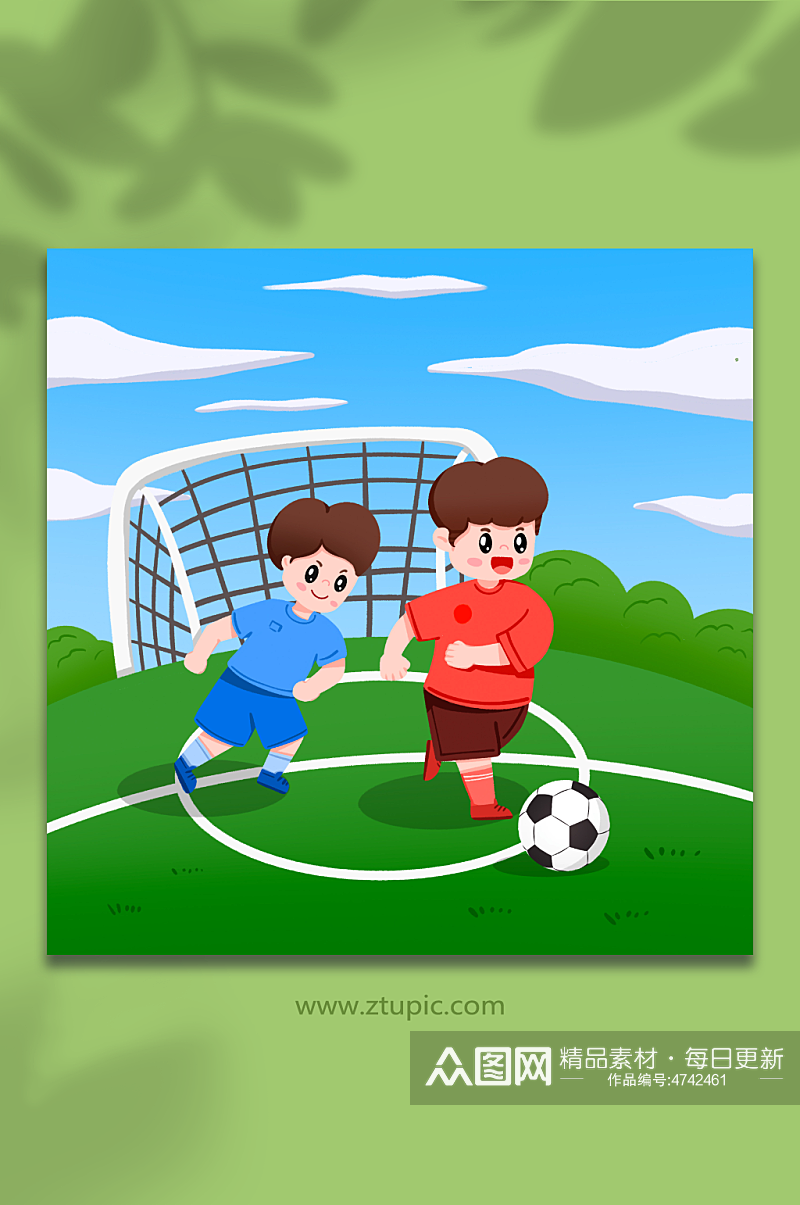 两个男孩在足球场踢球人物插画素材