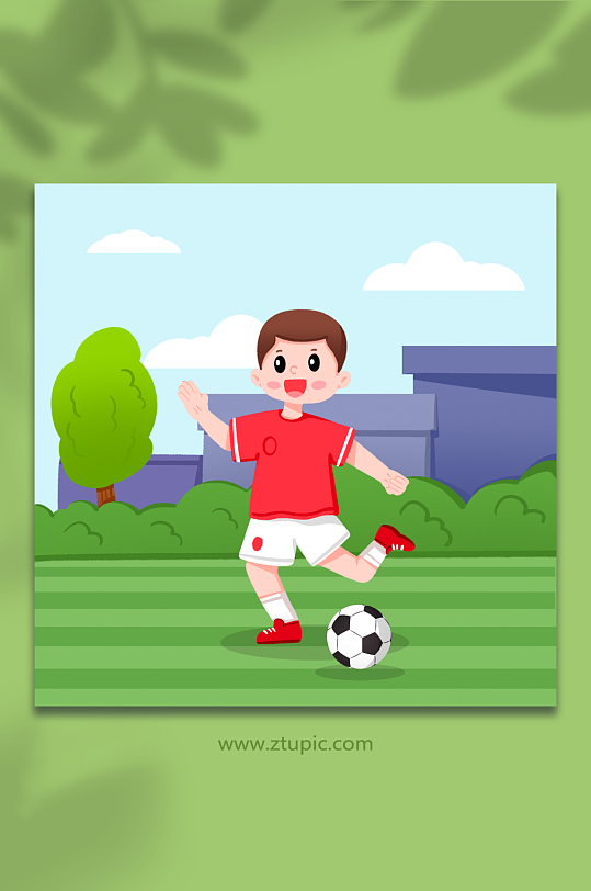 男孩在足球场上踢足球射门人物插画