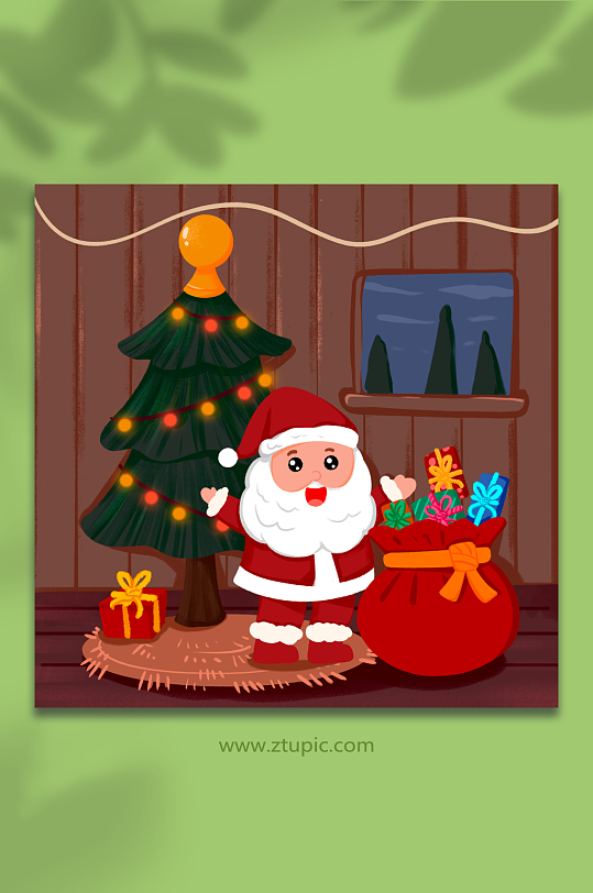 圣诞节圣诞老人在圣诞树下送礼物插画