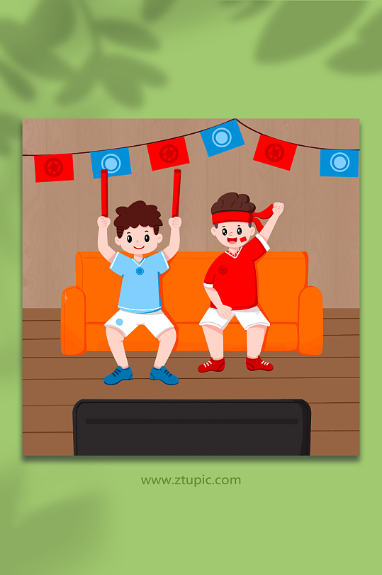 世界杯比赛手绘两个球迷小孩为球队加油插画