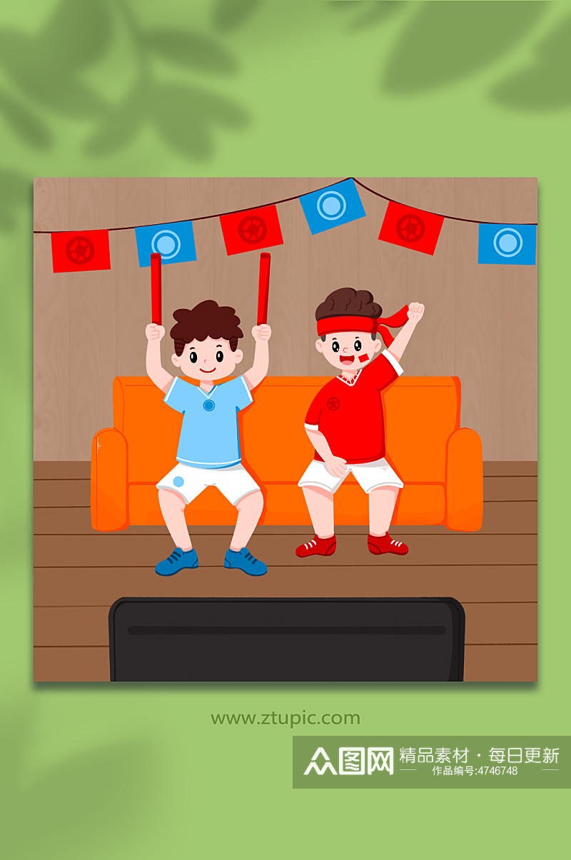 世界杯比赛手绘两个球迷小孩为球队加油插画素材