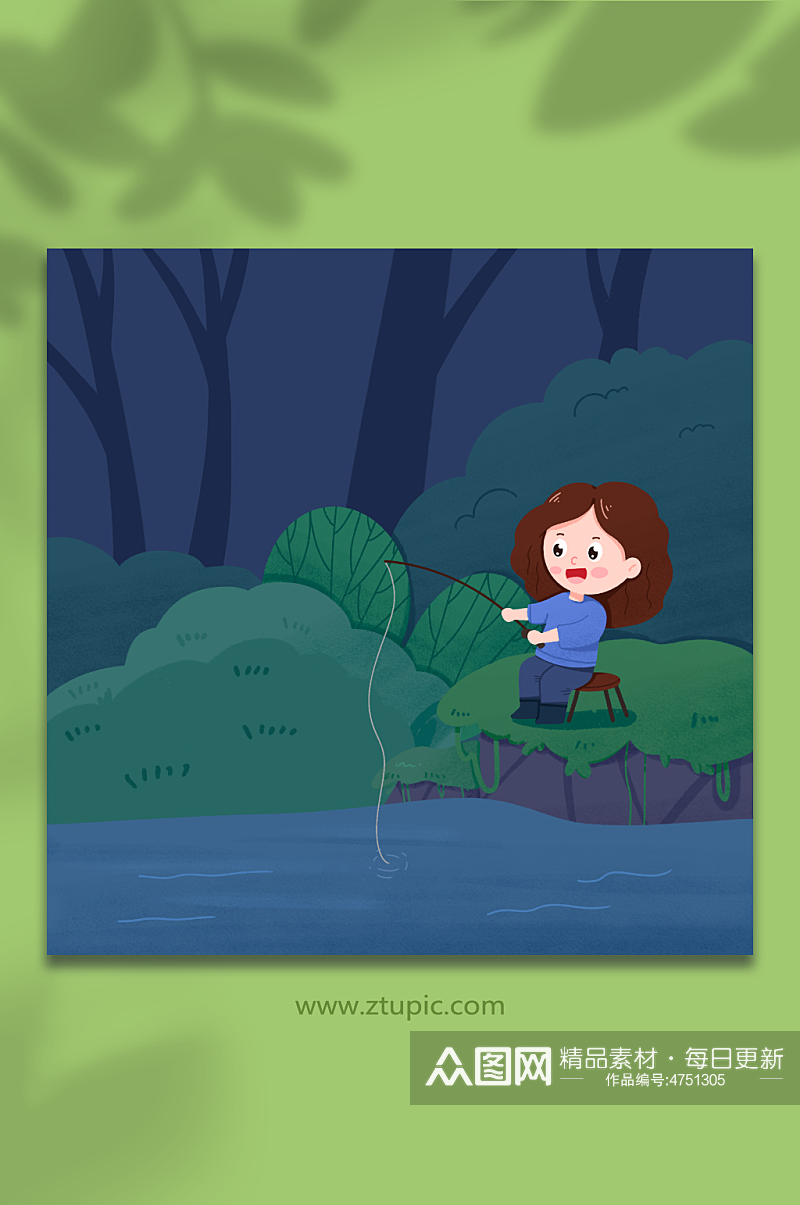 卡通手绘女孩在晚上野外钓鱼垂钓人物插画素材